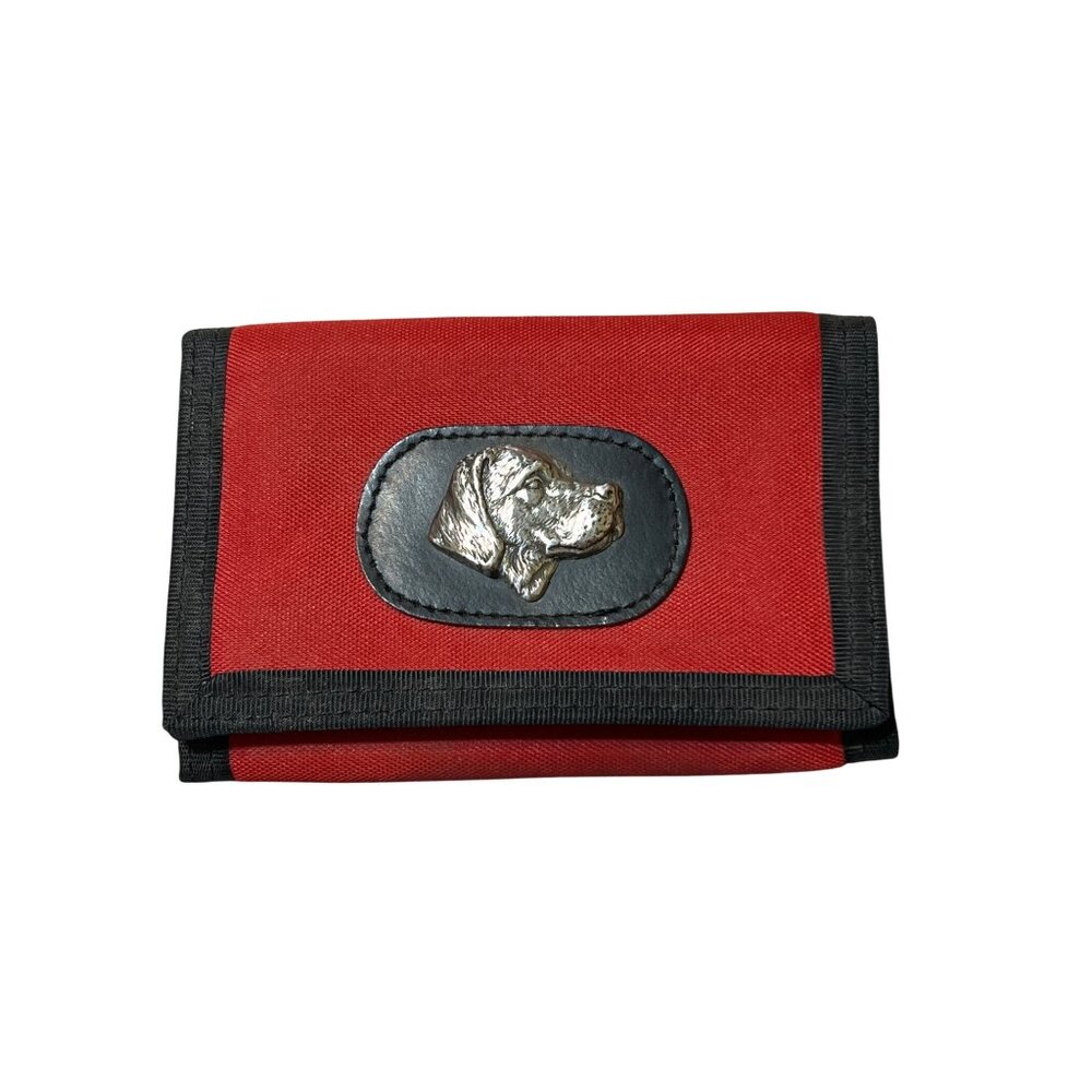 Mori Red Dog Trifold Nylon Wallet Metal Dog Emblem ID Window Hook Loop NWT